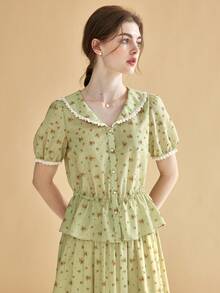 Simple Retro Áo sơ mi nữ Viên lá sen Nút phía trước Họa tiết hoa Dễ thương - màu xanh lá - Xem 4