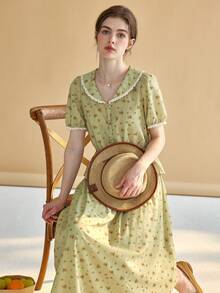 Simple Retro Áo sơ mi nữ Viên lá sen Nút phía trước Họa tiết hoa Dễ thương - màu xanh lá - Xem 6