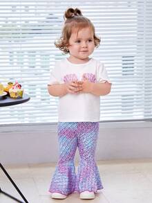 SHEIN Baby Shell Print Tee & Fish Scales Print Flare Leg Pants - Multicolor - View 3