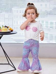 SHEIN Baby Shell Print Tee & Fish Scales Print Flare Leg Pants - Multicolor - View 5