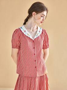 Simple Retro 格紋印花花卉刺繡泡泡袖襯衫 - 紅白色 - 查看 6