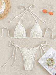 Solid Halter Triangle Tie Side Bikini Set For Summer Beach - Beige - View 1