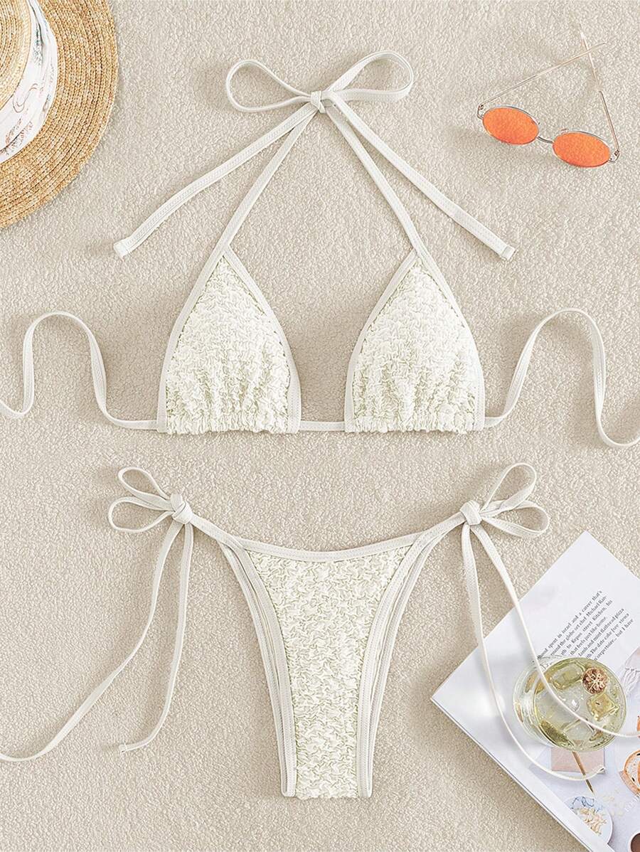 Solid Halter Triangle Tie Side Bikini Set For Summer Beach - Beige - View 1