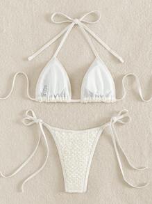 Solid Halter Triangle Tie Side Bikini Set For Summer Beach - Beige - View 2