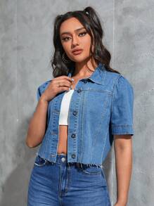 SHEIN EZwear Cazadora mezclilla con botón delantero - Azul lavado medio - Ver 4