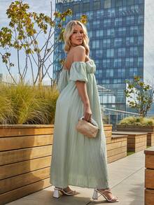 UNIQUE21 素色一字肩前紐扣洋裝 - 綠色 - 查看 2