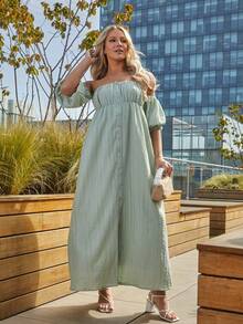 UNIQUE21 素色一字肩前紐扣洋裝 - 綠色 - 查看 4