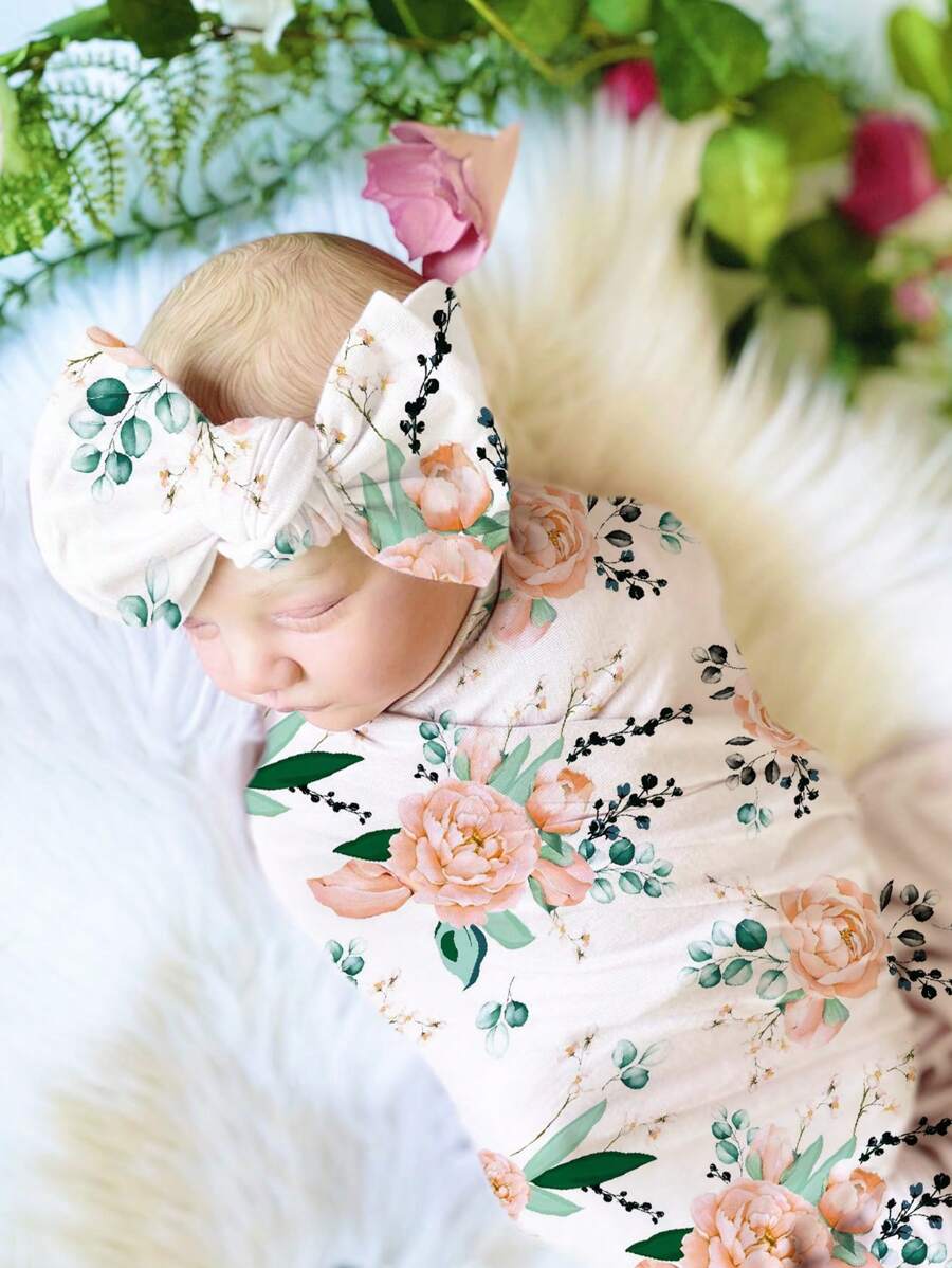 嬰兒攝影花卉圖案圍裹毯子和頭巾道具 - 杏色 - 查看 1