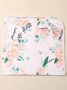 嬰兒攝影花卉圖案圍裹毯子和頭巾道具 - 杏色 - 查看 5
