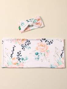 嬰兒攝影花卉圖案圍裹毯子和頭巾道具 - 杏色 - 查看 6