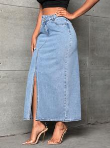 SHEIN SXY Split Thigh Denim Skirt - Light Wash - View 4
