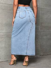 SHEIN SXY Split Thigh Denim Skirt - Light Wash - View 2