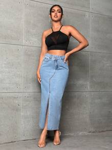 SHEIN SXY Split Thigh Denim Skirt - Light Wash - View 3