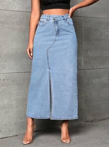 SHEIN SXY Split Thigh Denim Skirt - Light Wash - View 1