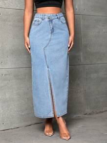 SHEIN SXY Split Thigh Denim Skirt - Light Wash - View 5