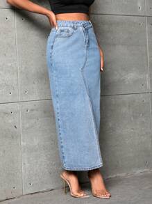 SHEIN SXY Split Thigh Denim Skirt - Light Wash - View 6