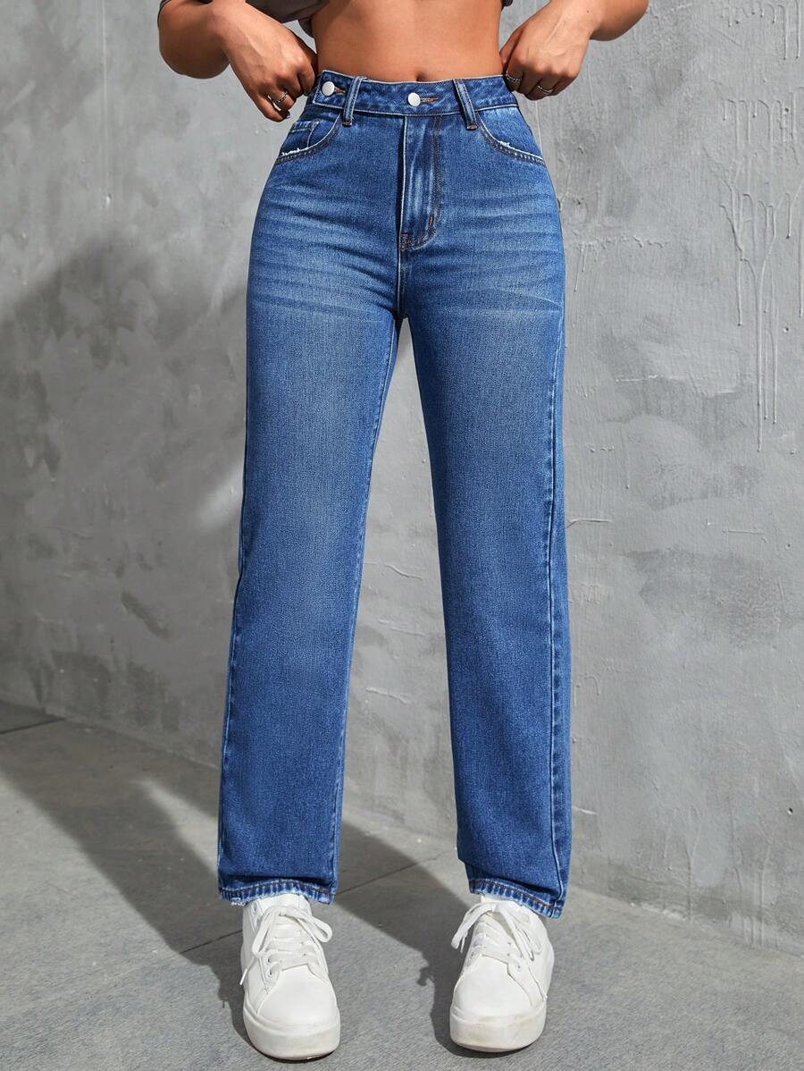 SHEIN EZwear 素色拉鏈門襟牛仔褲 - 中等水洗藍 - 查看 1