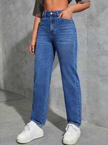 SHEIN EZwear 素色拉鏈門襟牛仔褲 - 中等水洗藍 - 查看 3