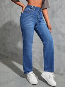 SHEIN EZwear 素色拉鏈門襟牛仔褲 - 中等水洗藍 - 查看 4