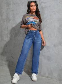 SHEIN EZwear 素色拉鏈門襟牛仔褲 - 中等水洗藍 - 查看 5