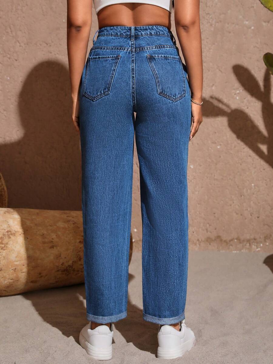 SHEIN Unity Quần jean nữ Nút Túi Dây kéo màu trơn - Rửa trung bình - Xem 1