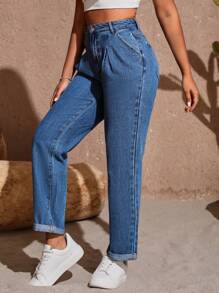 SHEIN Unity Quần jean nữ Nút Túi Dây kéo màu trơn - Rửa trung bình - Xem 4