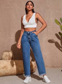 SHEIN Unity Quần jean nữ Nút Túi Dây kéo màu trơn - Rửa trung bình - Xem 3