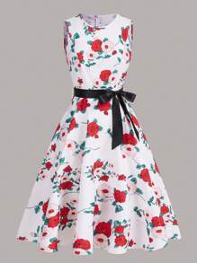 SHEIN Clasi Đầm Thắt lưng Dây kéo Hoa Tất cả trên in Thanh lịch - trắng - Xem 1