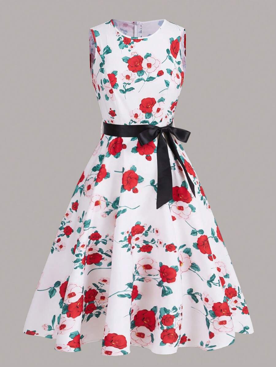 SHEIN Clasi Đầm Thắt lưng Dây kéo Hoa Tất cả trên in Thanh lịch - trắng - Xem 1