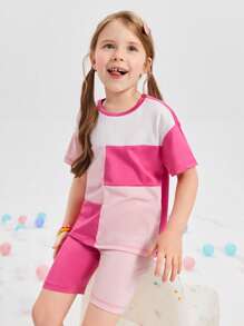SHEIN Toddler Girls Colourblock Tee & Cycling Shorts Set - Multicolor - View 1