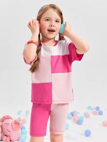 SHEIN Toddler Girls Colourblock Tee & Cycling Shorts Set - Multicolor - View 3
