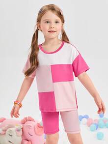SHEIN Toddler Girls Colourblock Tee & Cycling Shorts Set - Multicolor - View 6