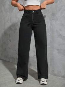 SHEIN EZwear Jeans de pierna recta - Negro - Ver 1