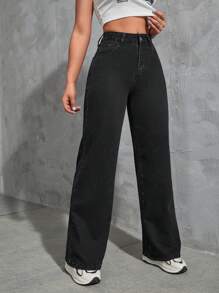 SHEIN EZwear Jeans de pierna recta - Negro - Ver 4