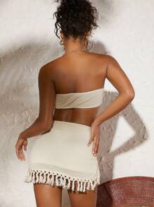 Travachic Ring Linked Crop Tube Top & Fringe Trim Asymmetrical Hem Skirt Summer Two Piece Outfits - Beige - View 2
