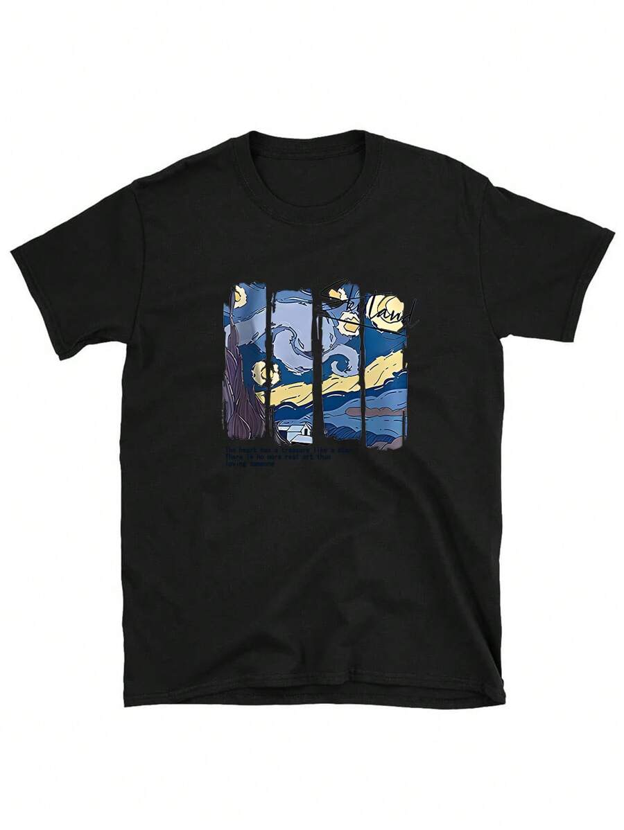 Men Slogan & Painting Print Tee - Black - View 1