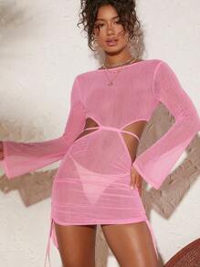 SHEIN VCAY Đầm Lộ Lưng Cắt ra Dây kéo cắt Buộc lại màu trơn Gợi cảm - Hồng - Xem 1