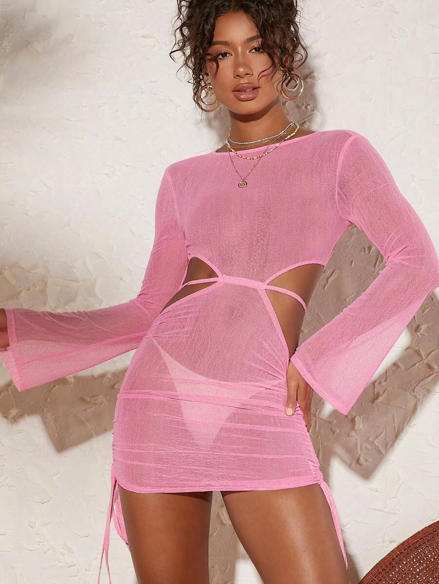 SHEIN VCAY Đầm Lộ Lưng Cắt ra Dây kéo cắt Buộc lại màu trơn Gợi cảm - Hồng - Xem 1