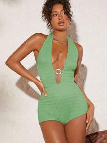 SHEIN VCAY Plunging Neck Tie Backless Unitard Romper