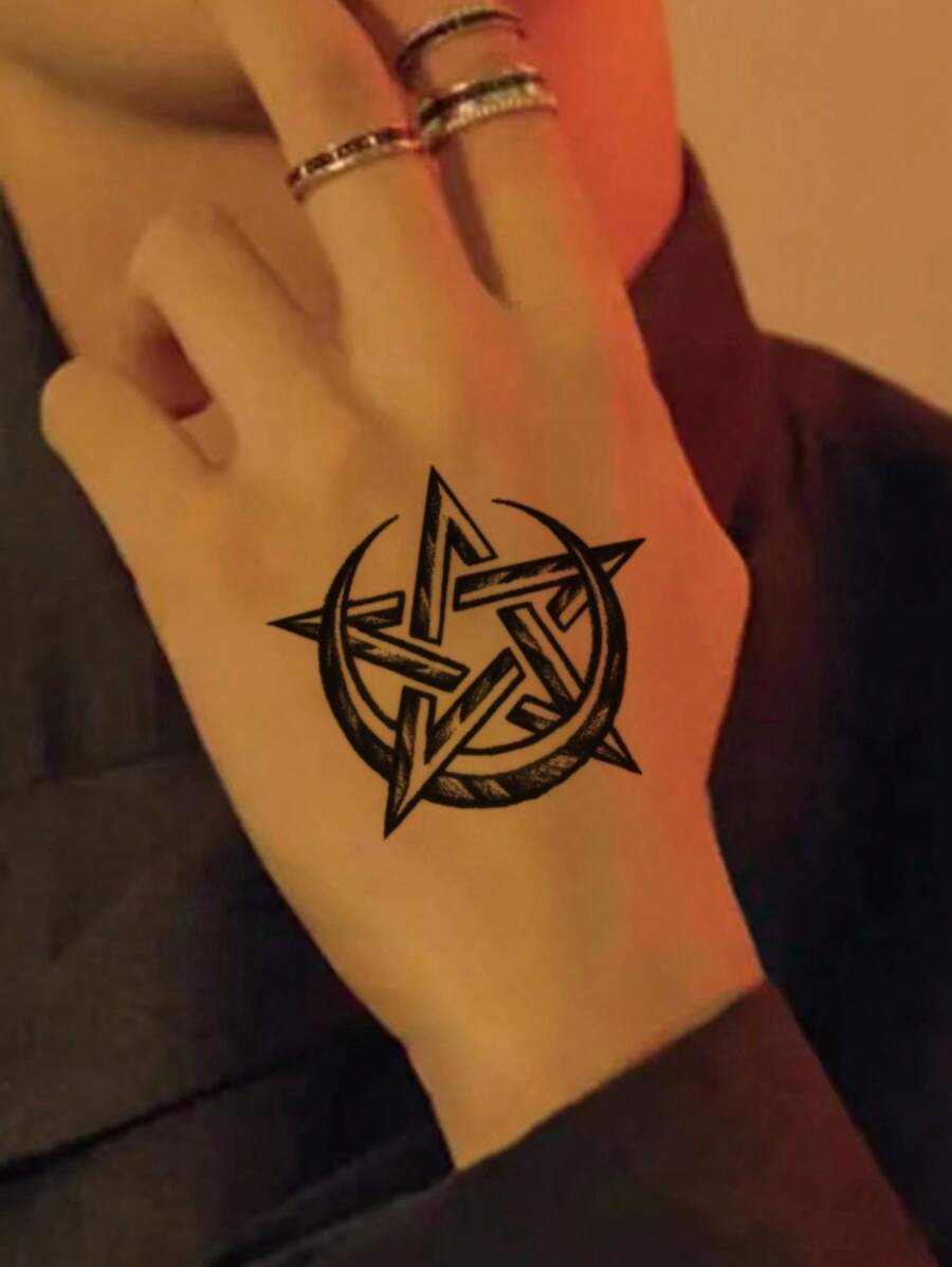 1 Pegatina Temporal De Tatuaje Con Diseño De Estrella De Cinco Puntas - Negro - Ver 1