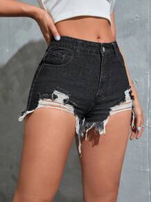 SHEIN EZwear 破洞毛邊牛仔短褲 - 黑色 - 查看 4