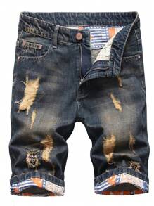 Hombres Shorts en mezclilla desgarro crudo - Azul lavado medio - Ver 1