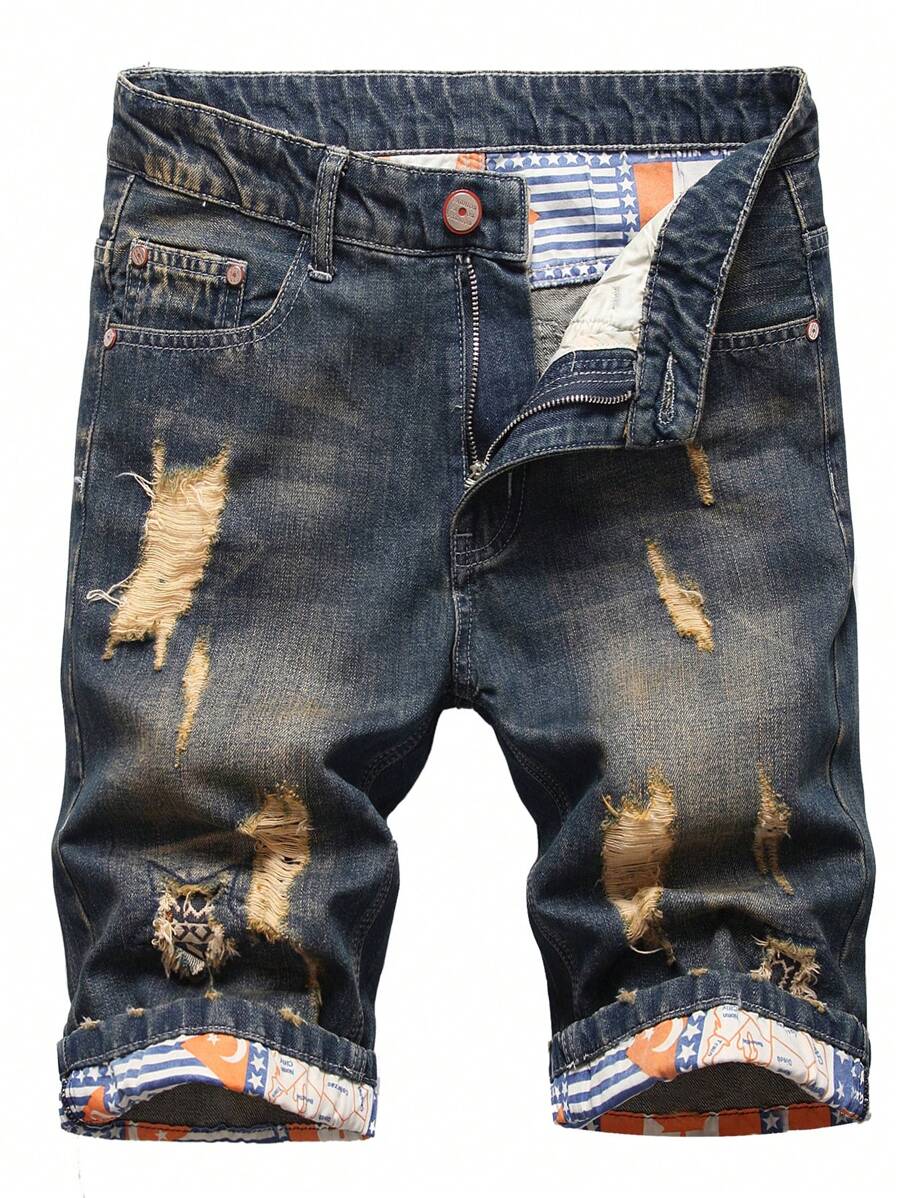 Hombres Shorts en mezclilla desgarro crudo - Azul lavado medio - Ver 1