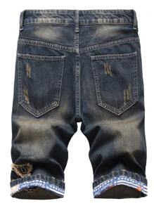 Hombres Shorts en mezclilla desgarro crudo - Azul lavado medio - Ver 2