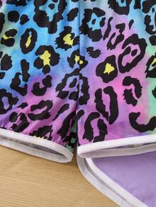 小女童1入組豹紋印花吊帶連體短褲帶1入組撞色滾邊吊帶連體短褲 - 彩色 - 查看 4