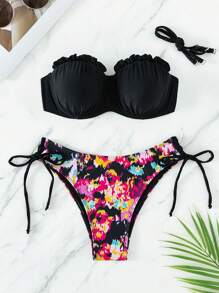 SHEIN Swim 圖案印花褶邊聚攏比基尼泳裝 - 黑色 - 查看 5