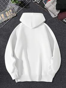 男士標語和卡通圖案袋鼠口袋抽繩保暖連帽衫 - 白色 - 查看 2