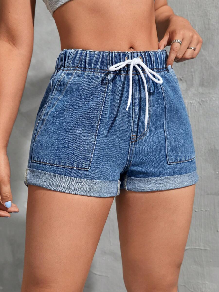 SHEIN EZwear 腰部抽繩卷邊牛仔短褲 - 中等水洗藍 - 查看 1