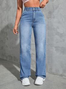 SHEIN EZwear Jeans de pierna recta - Azul lavado medio - Ver 1