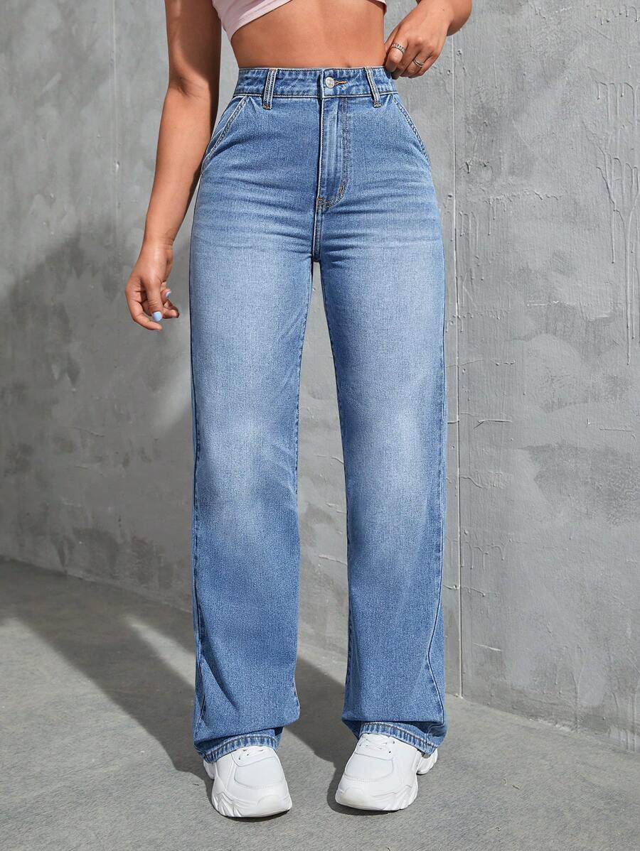 SHEIN EZwear Jeans de pierna recta - Azul lavado medio - Ver 1